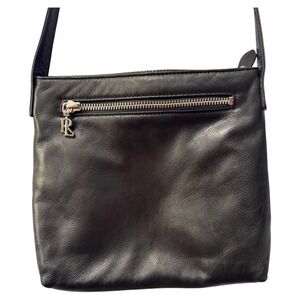 Ralph Lauren Black Leather Crossbody Bag‎ Small Silver Logo Purse Handbag